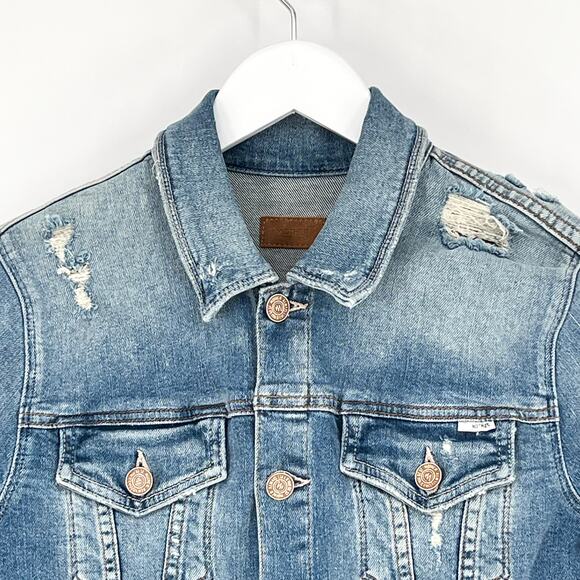 MOTHER The Bruiser Crop Denim Jacket Women’s Size Small Love Gun Distressed - Picture 2 of 7